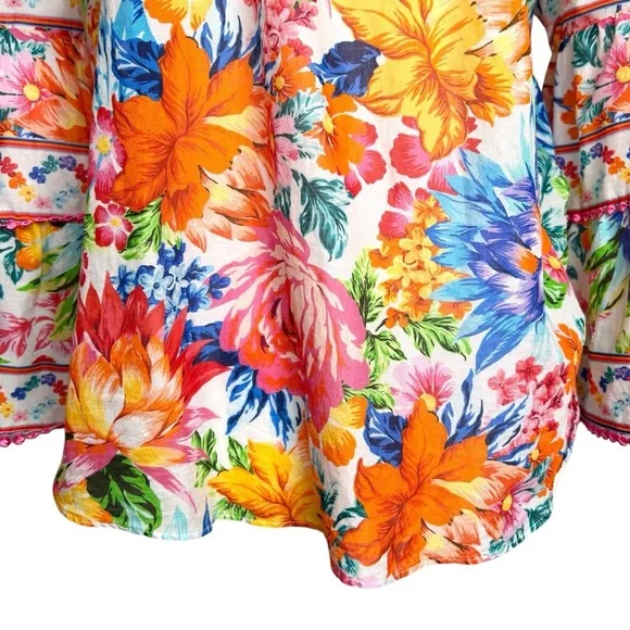 Hale Bob Top Lucinda Pink Orange Blue Floral Bell Sleeve Boho Resort Blouse M - Picture 7 of 15